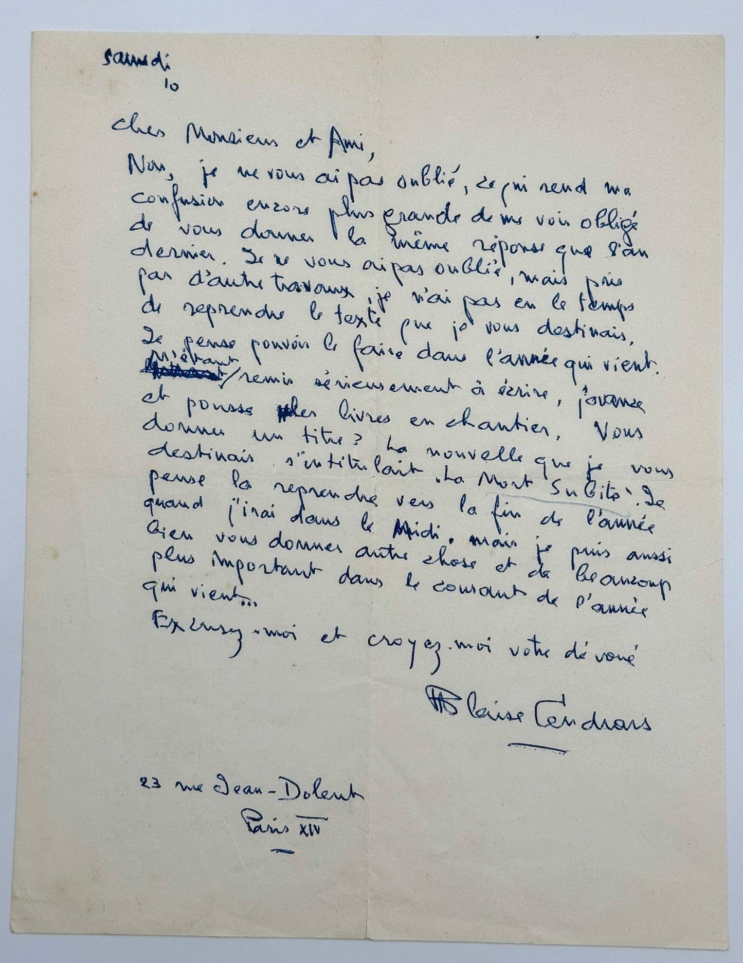 A.L.S. Blaise Cendrars to Roger Nimier