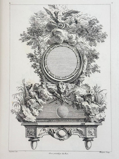 Œuvres de Gille Marie Oppenort. 2e Recueil. Frises, panneaux, pendules, pilastres, cartouches, feux, fontaines, gaines, profils de moulures, etc. gravé par Huquier.